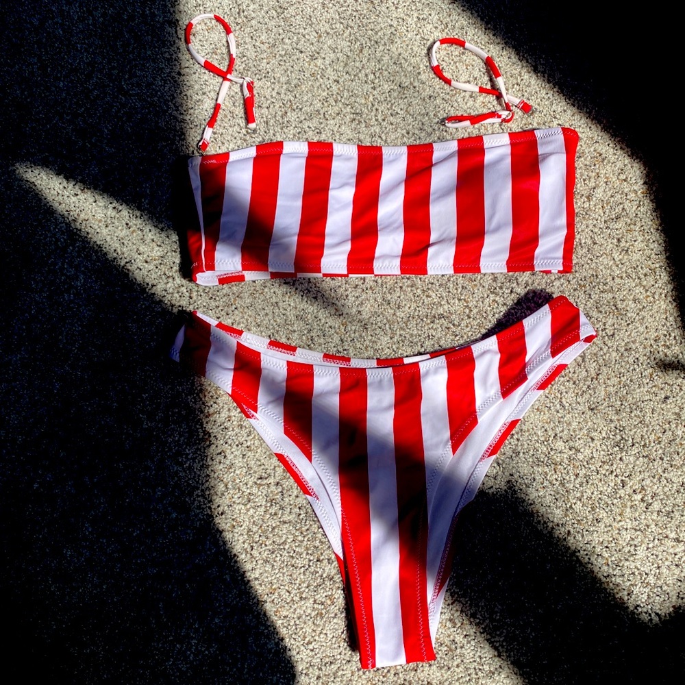 Shein Red and White Striped Adjustable Bikini
